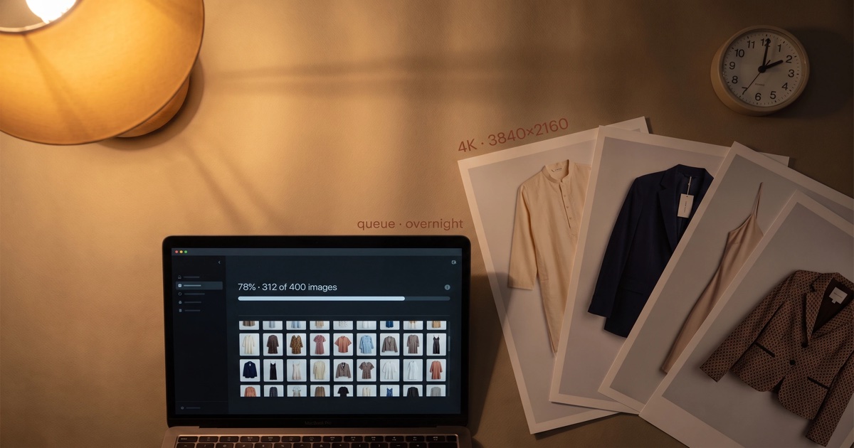 Editorial nighttime composition: an amber lamp glows at the upper-left, a wall clock at upper-right reads 2:14 AM. Center: a laptop screen shows a queue UI at '78% · 312 of 400 images' with a grid of garment thumbnails. To the right, a fanned stack of large-format printed photographs at apparent 4K crispness, labeled '4K · 3840×2160 · queue · overnight'