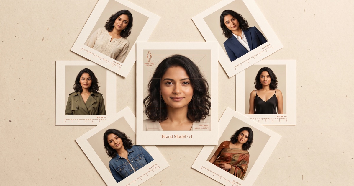 Editorial top-down: a central larger card labeled 'Brand Model · v1' shows a South Asian woman's portrait with face-geometry grid and skin-tone label, surrounded by six smaller printed cards each showing the same woman in a different garment — cream kurta, navy blazer, olive trench, black slip dress, denim jacket, saree