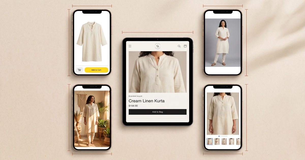 Editorial top-down composition: a tablet displaying a Shopify PDP for a cream linen kurta, surrounded by four phone screens showing the same listing styled for Amazon, Etsy, Myntra, and Flipkart — sienna measurement guides indicate aspect ratios
